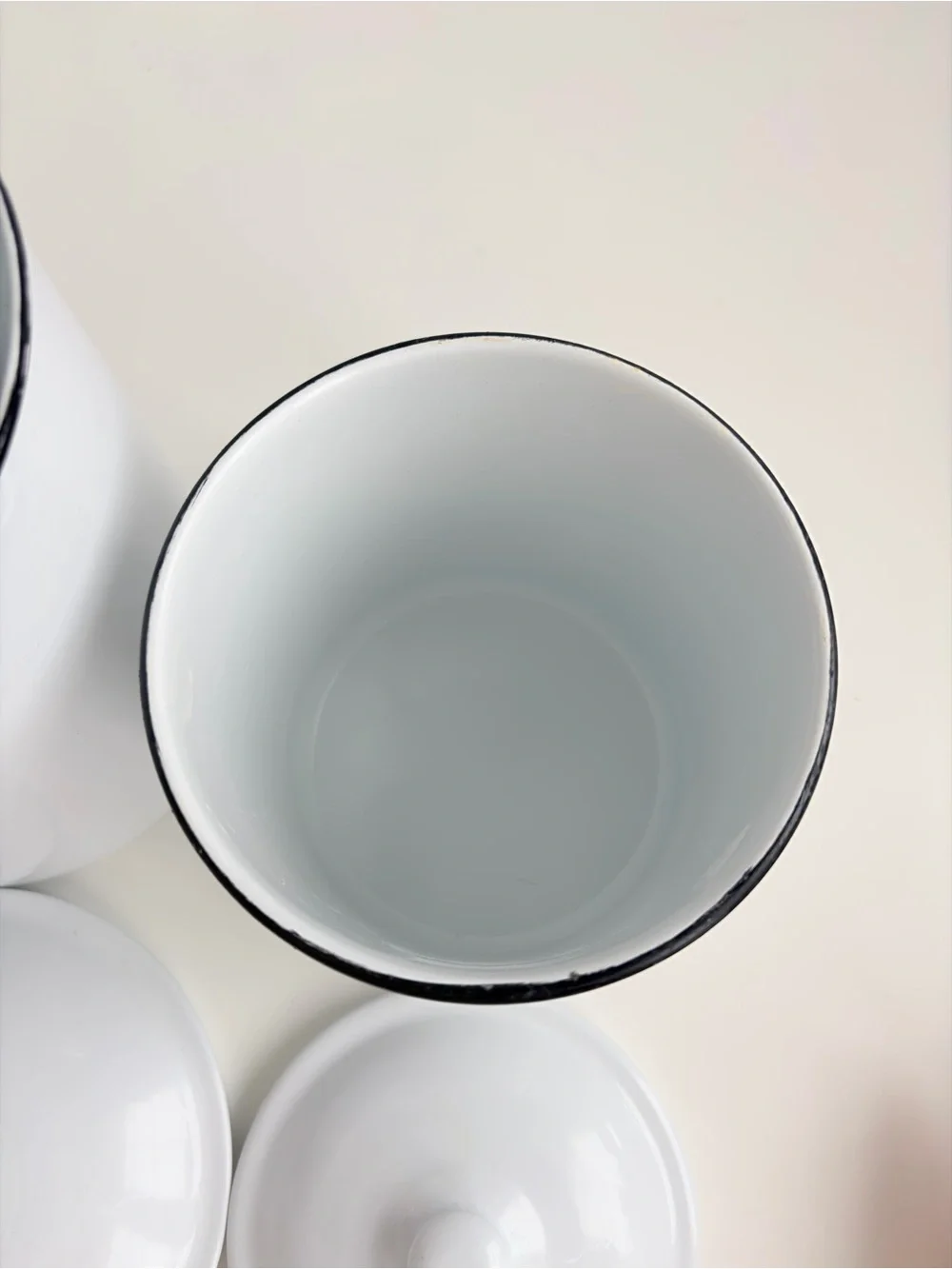 2 Piece Canister Set Vintage Inspired White & Enamel Black Rim Round Tin Storage